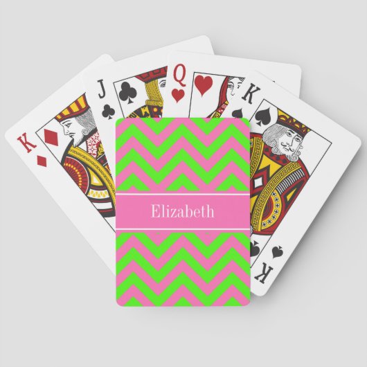 Hot Pink #2 Lime Green LG Chevron Name Monogram Pokerkaarten (Achterkant)