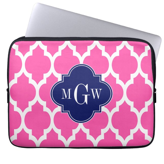 Hot Pink #2 WhMoroccan #4 Navy Name Monogram Laptop Sleeve (Voorkant)