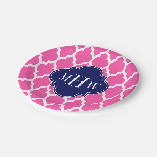 Hot Pink #2 WhMoroccan #4 Navy Name Monogram Papieren Bordje (Gekanteld)