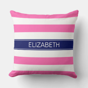 Hot Pink #2 Wht Horiz Stripe Navy Name Monogram Kussen