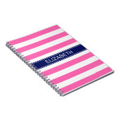 Hot Pink #2 Wht Horiz Stripe Navy Name Monogram Notitieboek (Rechterzijde)