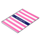Hot Pink #2 Wht Horiz Stripe Navy Name Monogram Notitieboek (Linkerzijde)