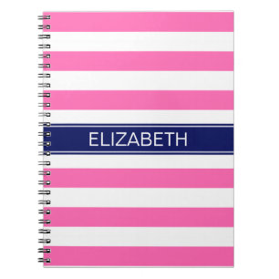 Hot Pink #2 Wht Horiz Stripe Navy Name Monogram Notitieboek