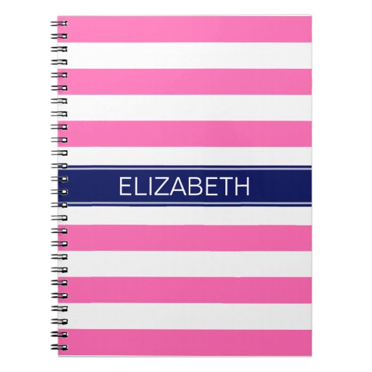 Hot Pink #2 Wht Horiz Stripe Navy Name Monogram Notitieboek (Voorkant)