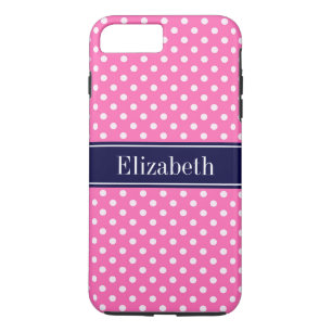 Hot Pink #2 Wt Polka Dots Navy Blue Name Monogram iPhone 8 Plus / 7 Plus Hoesje