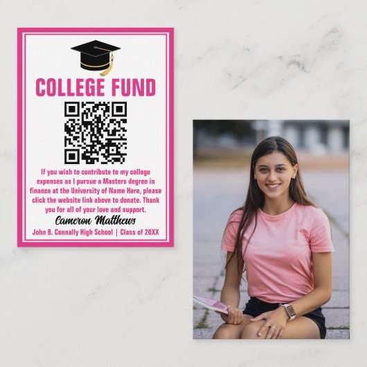 Hot Pink Afstuderen Photo College Fund QR-code Informatiekaartje (Voorkant / Achterkant)