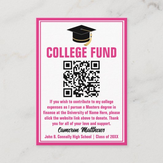 Hot Pink Afstuderen Photo College Fund QR-code Informatiekaartje (Voorkant)
