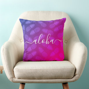 Hot Pink Aloha Script Ananas Patroon Tropisch Kussen