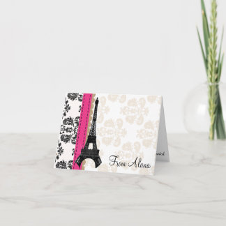 HOT PINK AND BLACK DAMASK EIFFEL TOWER THANK YOU BEDANKKAART