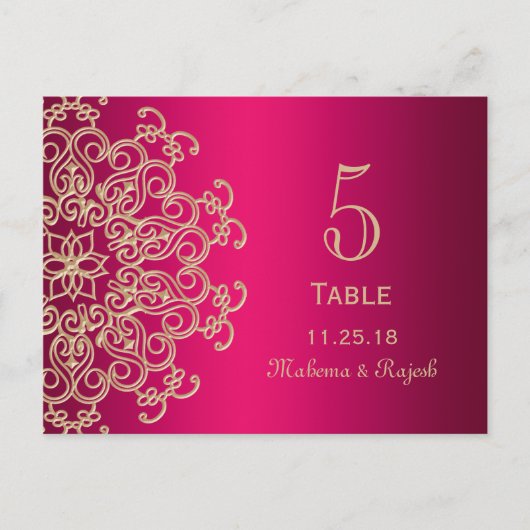 HOT PINK AND GOLD INDIAN WEDDING TABLE NUMBD CARD BRIEFKAART (Voorkant)