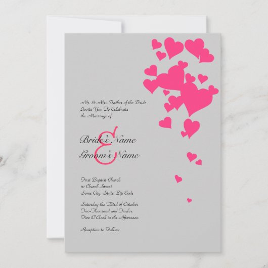 Hot Pink and Gray Hearts Wedding Invitation (Devant)