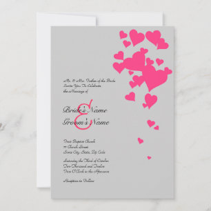 Hot Pink and Gray Hearts Wedding Invitation Kaart
