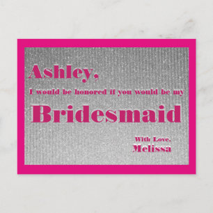 Hot Pink and Silver - Wil jij mijn bruidsmeisje zi Uitnodiging Briefkaart