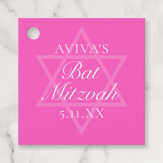 Hot Pink Bat Mitswa Party Ster van David Bedankjes Labels (Voorkant)