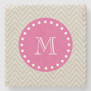 Hot Pink, Beige Chevron Uw monogram Stenen Onderzetter
