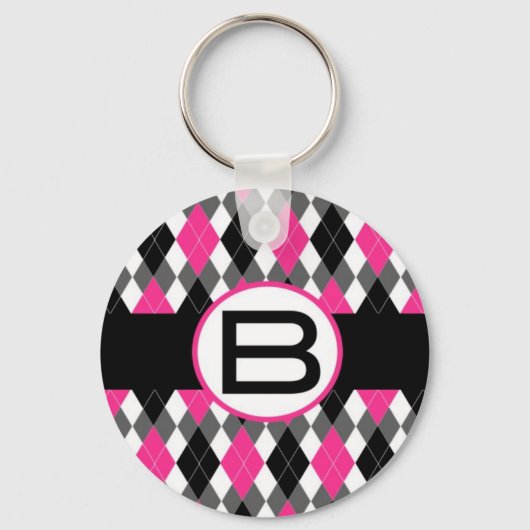 Hot Pink & Black Argyle Monogram Sleutelhanger "B" (Voorkant)