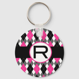 Hot Pink & Black Argyle Monogram Sleutelhanger "R"