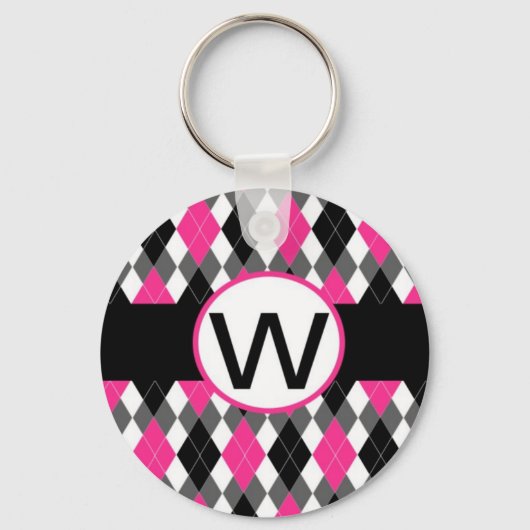 Hot Pink & Black Argyle Monogram Sleutelhanger "W" (Voorkant)