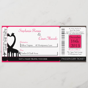 Hot Pink/Black Boarding Pass Weduwen Uitnodiging