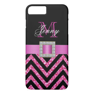 HOT PINK BLACK CHEVRON GLITTER GIRLY iPhone 8 PLUS / 7 PLUS HOESJE