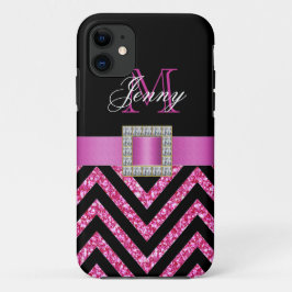HOT PINK BLACK CHEVRON GLITTER GIRLY iPhone 11 HOESJE