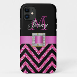 HOT PINK BLACK CHEVRON GLITTER GIRLY iPhone 11 HOESJE