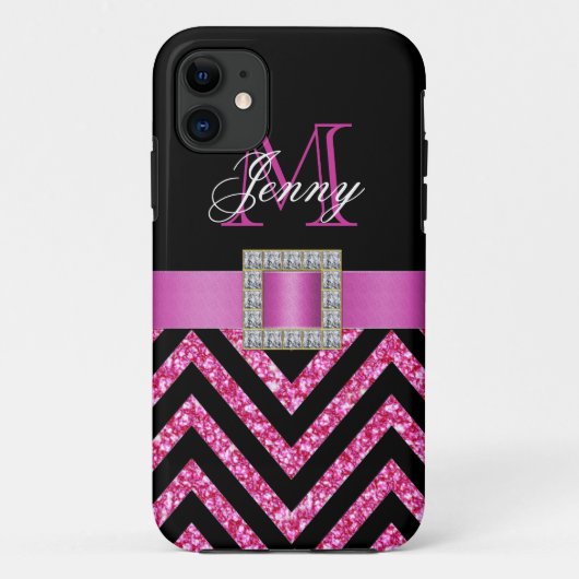 HOT PINK BLACK CHEVRON GLITTER GIRLY Case-Mate iPhone CASE (Achterkant)