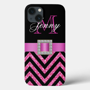 HOT PINK BLACK CHEVRON GLITTER GIRLY iPhone 13 HOESJE