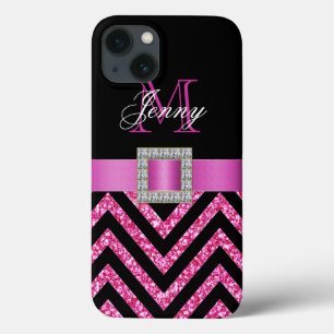 HOT PINK BLACK CHEVRON GLITTER GIRLY iPhone 13 HOESJE