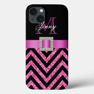 HOT PINK BLACK CHEVRON GLITTER GIRLY iPhone 13 HOESJE