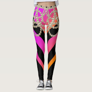 HOT PINK BLACK CHEVRON GLITTER GIRLY PEARLS LEGGINGS