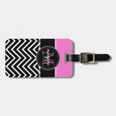 Hot Pink & Black Chevron Zigzag Monogram Bagagelabel (Voorkant horizontaal)