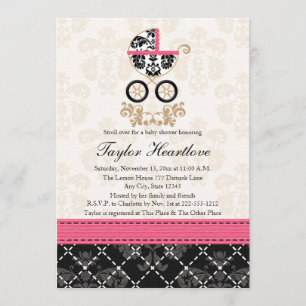 HOT PINK BLACK DAMASK BABY CARRIAGE BABY SHOWER KAART