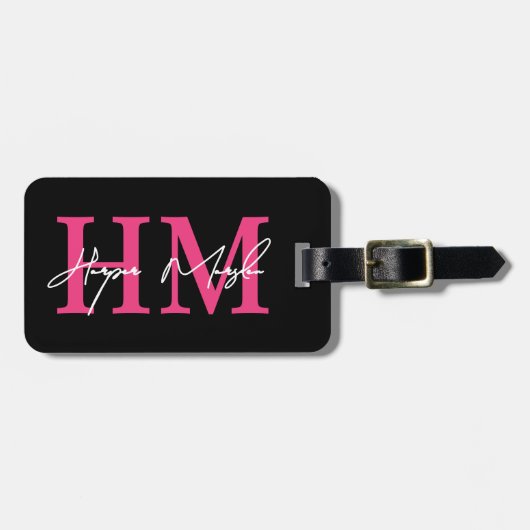 Hot Pink Black Girly Monogram Naam Bagagelabel (Voorkant horizontaal)