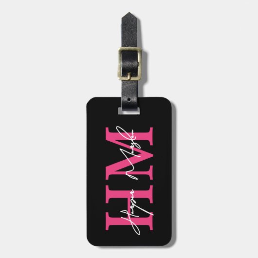 Hot Pink Black Girly Monogram Naam Bagagelabel (Voorkant verticaal)