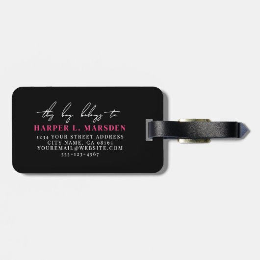 Hot Pink Black Girly Monogram Naam Bagagelabel (Achterkant horizontaal)