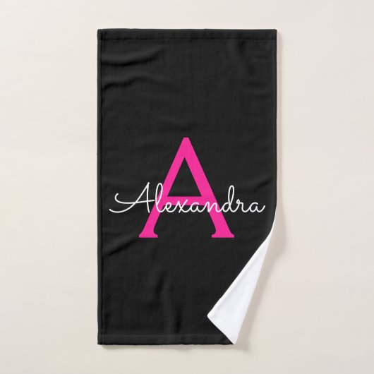 Hot Pink Black Girly Script Monogram Naam Handdoek (Handdoek)