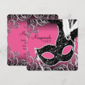 Hot Pink Black Mask Masquerade Party Kaart (Voorkant / Achterkant)