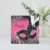Hot Pink Black Mask Masquerade Party Kaart (Staand voorkant)