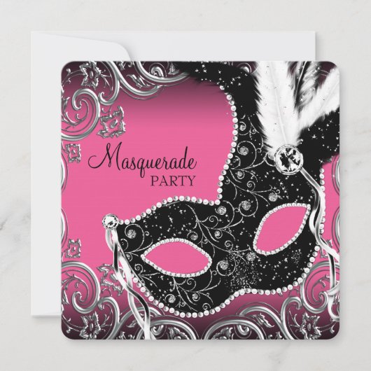 Hot Pink Black Mask Masquerade Party Kaart (Voorkant)