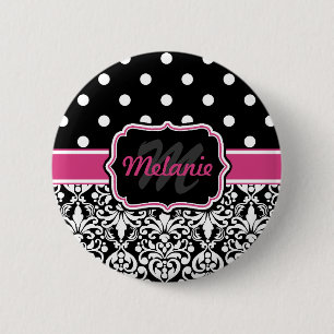 Hot Pink Black Monogrammed Damask Polka Dot Ronde Button 5,7 Cm