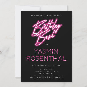 Hot Pink Black Neon Lights Girly Verjaardag Bash Kaart
