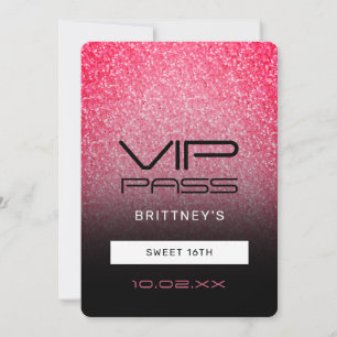 Hot Pink Black Ombre Glitter Sweet 16th VIP Pass Kaart