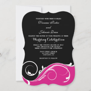 Hot Pink Black Swirl Bracket Huwelijksuitnodiginge Kaart