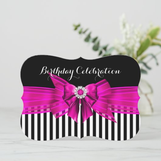 Hot Pink Black White Stripe Birthday Party Kaart (Staand voorkant)