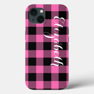 Hot Pink Blk Buffalo Controleer speldennaam Monogr iPhone 13 Hoesje