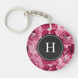 Hot Pink Botanische Pioenen Patroon Monogram Sleutelhanger