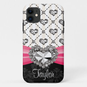 Hot Pink Bow Diamond Heart Rhinestone iPhone 11 Hoesje