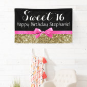 Hot Pink Bow Gold Glitter Sweet 16 Birthday Party Spandoek (Insitu)