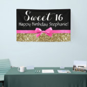 Hot Pink Bow Gold Glitter Sweet 16 Birthday Party Spandoek (Beurs)